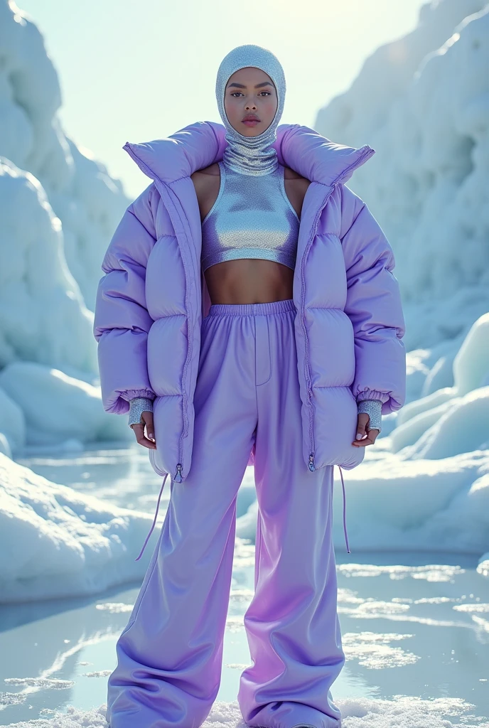 {Outfit Details:} A futuristic, oversized puffer jacket with a glossy, reflective surface in a lavender hue, paired with wide-legged pants made from eco-friendly, biodegradable materials. The outfit also includes a sparkling silver crop top that contrasts with the voluminous outerwear. The model wears a sleek, metallic balaclava that matches the crop top, creating a cohesive, futuristic look.
{Model Details:} A human model with an athletic build and a confident stance, exuding strength and modernity.
{Background:} The model is placed in a surreal, icy landscape with reflective surfaces and abstract, crystalline structures, emphasizing the futuristic and avant-garde nature of the outfit.
{Image Type:} Photorealistic fashion editorial.
{Art Style:} Hyper-realistic with an emphasis on the textures and reflective qualities of the materials.
{Camera Details:} Full-body shot with the model centered in the frame, showcasing the entire outfit against the unique landscape.
{Lighting:} Soft, diffused natural light with subtle reflections from the icy environment, enhancing the glossy textures and metallic surfaces of the outfit.
{Resolution and Lighting Keywords:} Ultra-high resolution, HDR, soft reflections, vibrant colors, detailed textures.