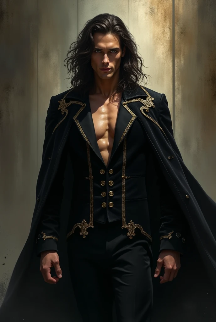 
Tall male in the ageOf course. So with all this in mind, the complete description of this man's appearance would be:

Tall male in the age range of 25-40, with long, dark and wavy hair, and a strong athletic  physique. Fair skin, athletic-muscular build, and pale or white colored eyes. Extremely sexy and hot, attractive. A black and gold velvet outfit, although not very protective, probably expensive-looking, with a permanent and thick black shadow aura surrounding him. The aura is very strong and people can touch it. 