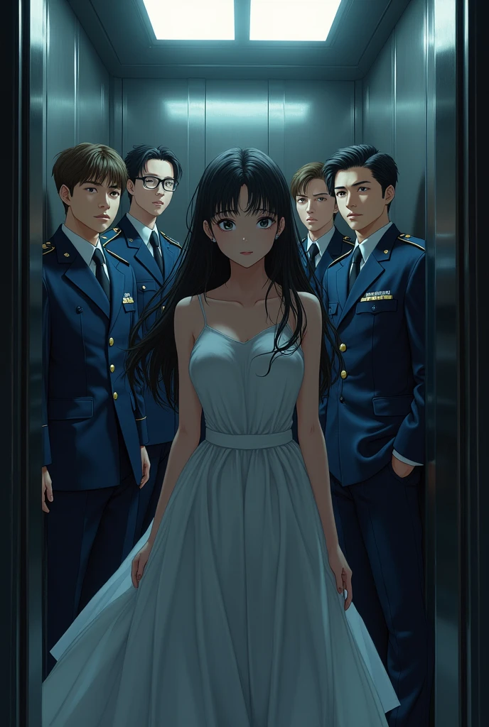Anime lady stuck in elevator with miliyary men