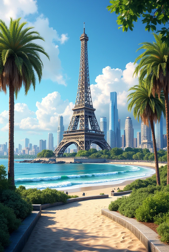 Create an image of a city where in front of these buildings you put the Eiffel Tower and in front of the tower you put a sidewalk and after the sidewalk you have a beach with waves.