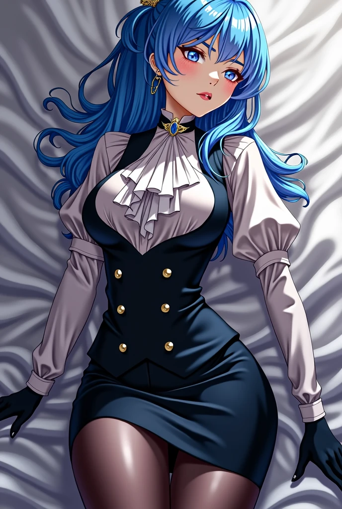 masterpiece, best quality, aafranziska, blue hair, ascot, puffy sleeves, pencil skirt, pantyhose, black gloves, jewelry, earrings, upper body, from above, avoiding eye contact, blushing, frustrated