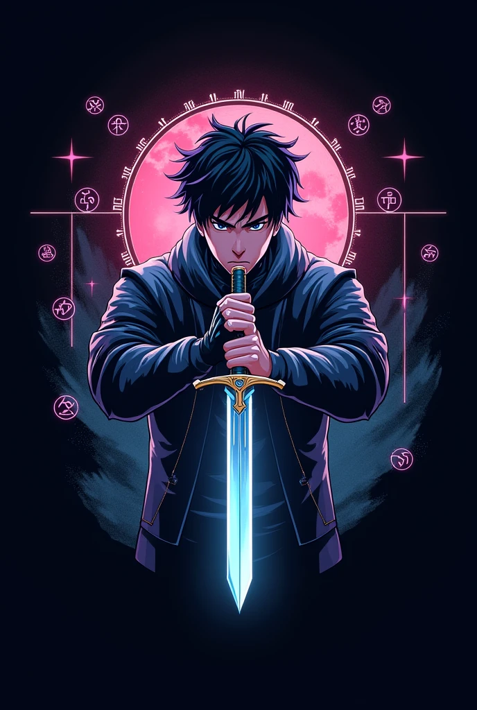 A boy with eyes and hair black as night wearing an avidor jacket over a black skull-print T-shirt, wore a skull ring on his left hand and in his right hand held a black sword made of souls and bathed in the river of oblivion --auto --s2