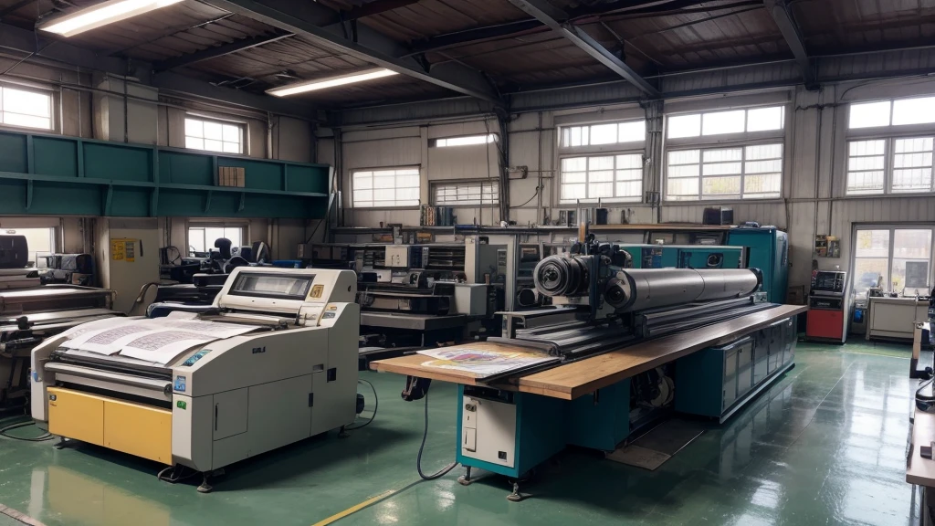 Speedmaster rotary press inside the printing shop, printed files, machine operator, realistic photo