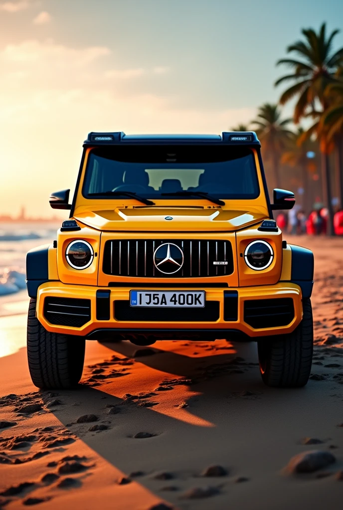 Yellow G wagon car In mumbai beach with red lights front view


