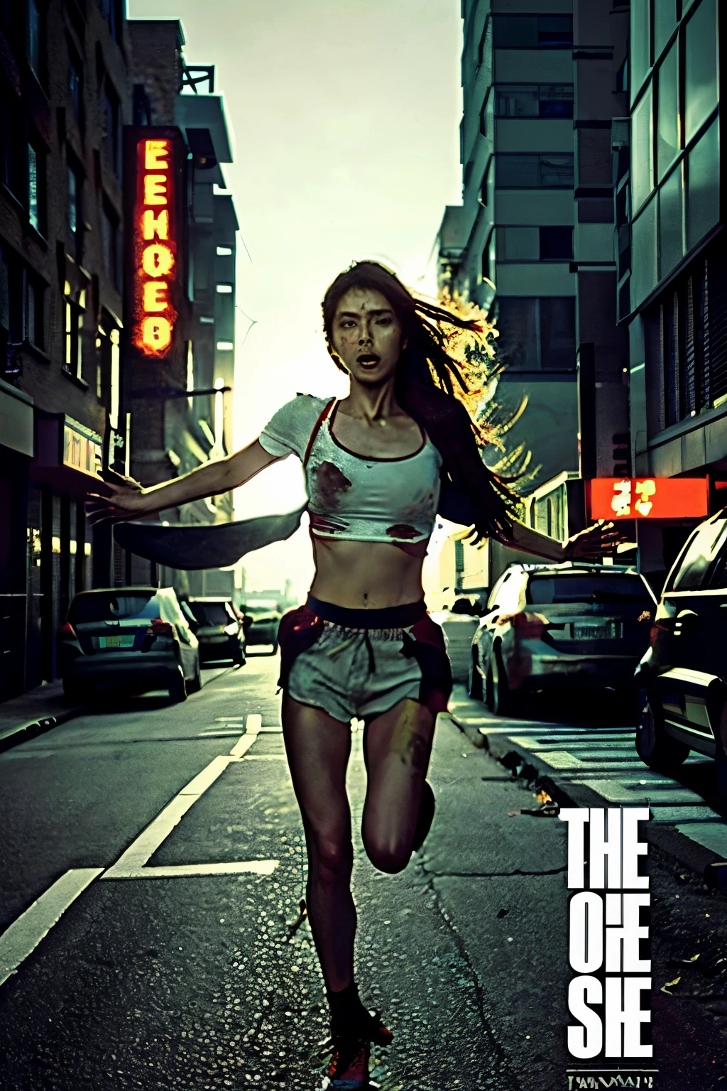 "A dramatic and intense book cover featuring a lone woman in a desperate escape from a horde of zombies. The woman is in the foreground, showing fear and determination in her expression. She’s wearing tattered clothes and is running through a dark, desolate urban street. The zombies, grotesque and menacing, are closing in behind her. The scene is dark and atmospheric, with a gritty, realistic style. The title of the book is prominently displayed at the top, with a bold, distressed font."


