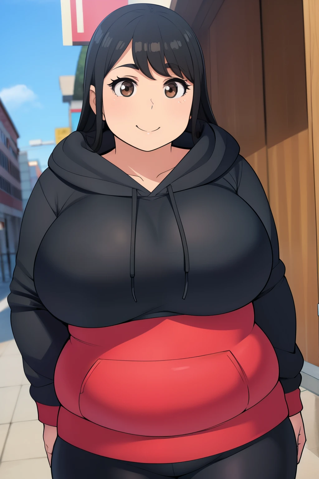 Plump 21 big breasts black hair brown eyes chubby longer hair big breast smile hoodie