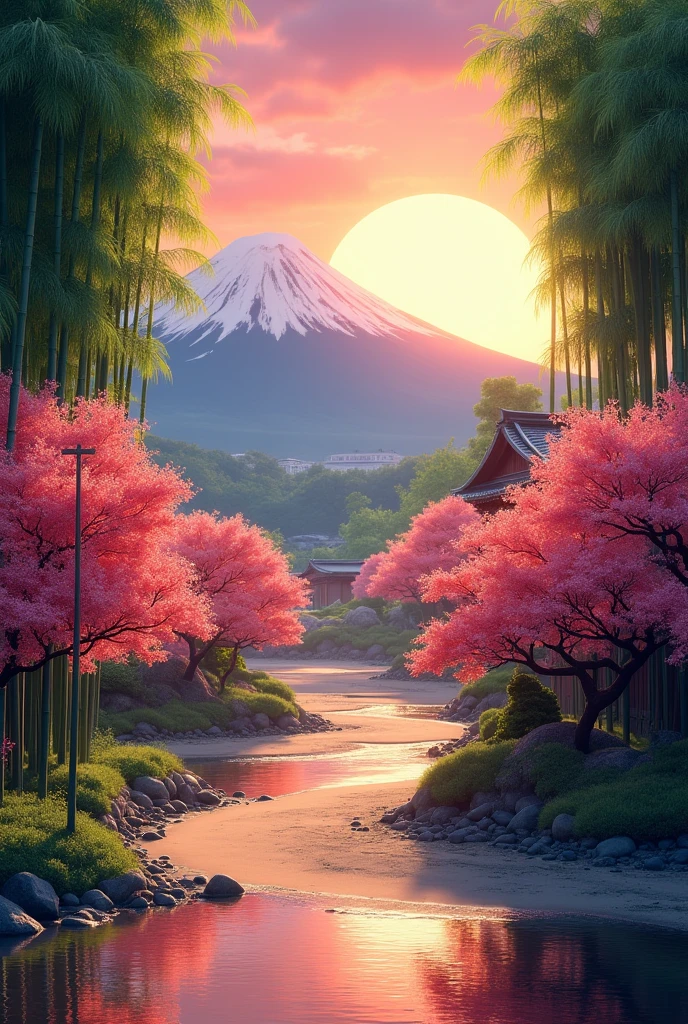 wallpapr. 4k. beach. full HD. red cherry trees. hyperrealistic. green bamboos. 4k. sunset. full HD. fuji background. hyperrealistic. japaneese houses surroundinds. hyperrealistic. 4k