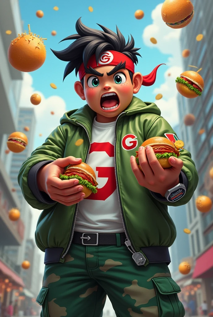 Realist, masterpiece.Real fat man. 15 year old. Wear head band ((red white)). Green jacket , red "G" logo on body. India man. Average 15 year old.angry face open mouth. Wear g shock watch. chubby muscle. power up glowing green. all food foating in the sky . Cargo pant green camouflage. Hand holding food. Background city.malaysia India face. Real India. Very india. malaysian indian.