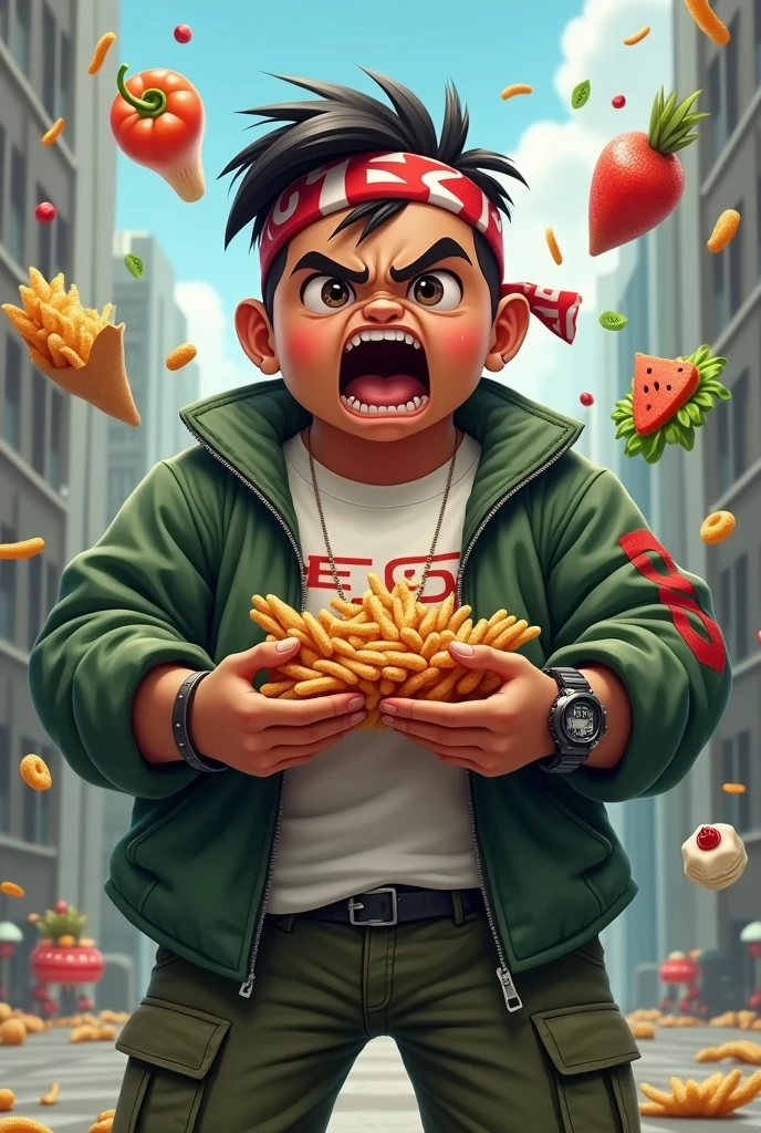 Realist, masterpiece.Real fat man. 15 year old. Wear head band ((red white)). Green jacket , red "G" logo on body. India man. Average 15 year old.angry face open mouth.  Wear g shock watch. chubby muscle. power up glowing green. all food foating in the sky . Cargo pant green camouflage. Hand holding food. Background city.malaysia India face. Real India. Very india. malaysian indian. 

