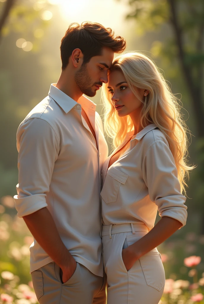 (1 girl: 1.3), (handsome man : 1.3), (standing together: 1.3), (big eyes: 1.2), splash art realistic, blonde gorgeous woman with long hair, (brunette man with short hair: 1.5), smooth realistic CG art, art wallpaper 8k, 4k wallpaper, (big boobs: 1.3), (big boobs: 1.3), (in casual white shirt and pants: 1.3)