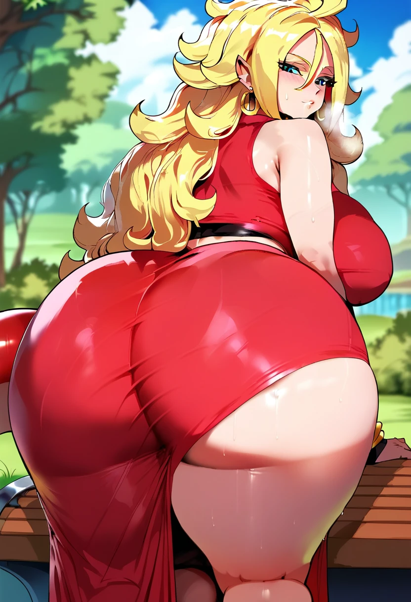 score_9, score_8_up, source_anime, android 21, ikuchan, giant ass, gigantic ass, ass focus, thighs, huge thighs, outdoors, park, dbz, dragon ball, original outfit, giant thighs, from behind, sweating, sitting, sitting on a bench, long hair, looking back, looking at viewer 