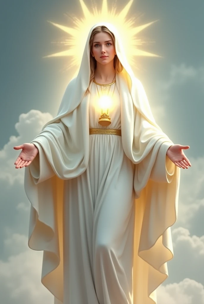Virgin Mary with her veil and white cloak, very smiling, with his arms outstretched , with his bottomless eyes wide open 