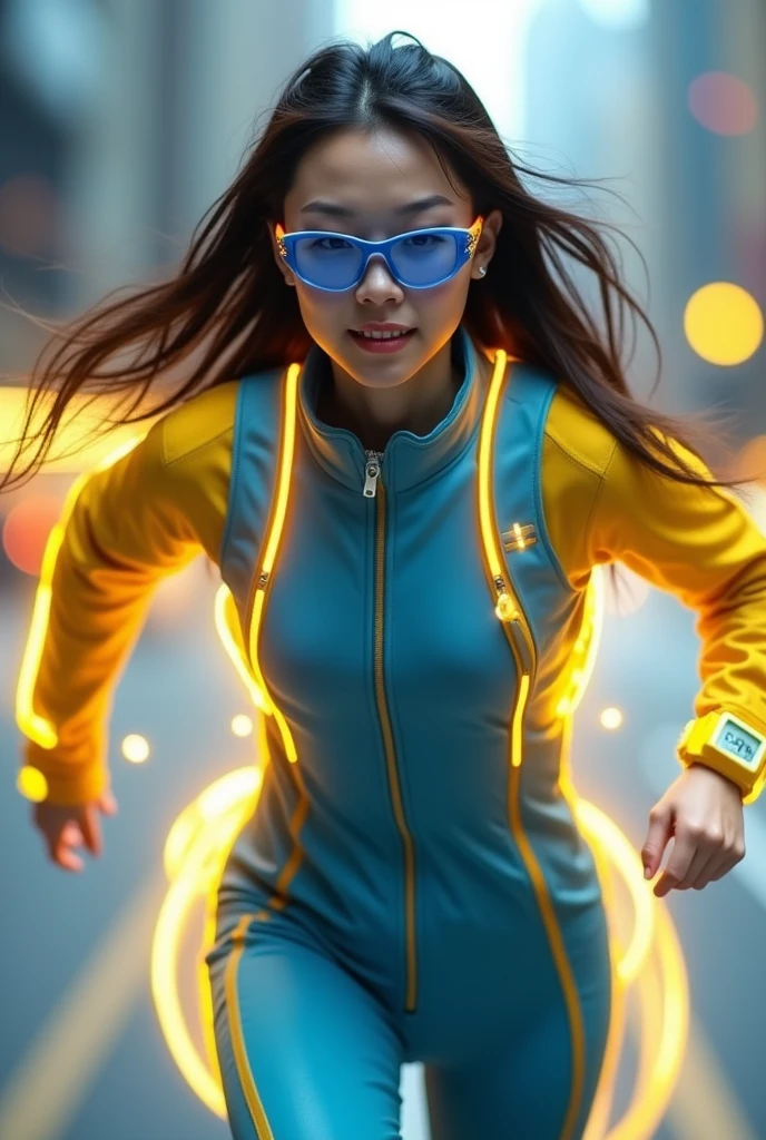 Chinese girl average age 15 year old wear jumpa shuit high tech(( blue yellow)). Running effect. Glowing yellow power. Runfast effect. Wear blue big glasses big frame. Braces teeth. Boleh background. Panning effect.