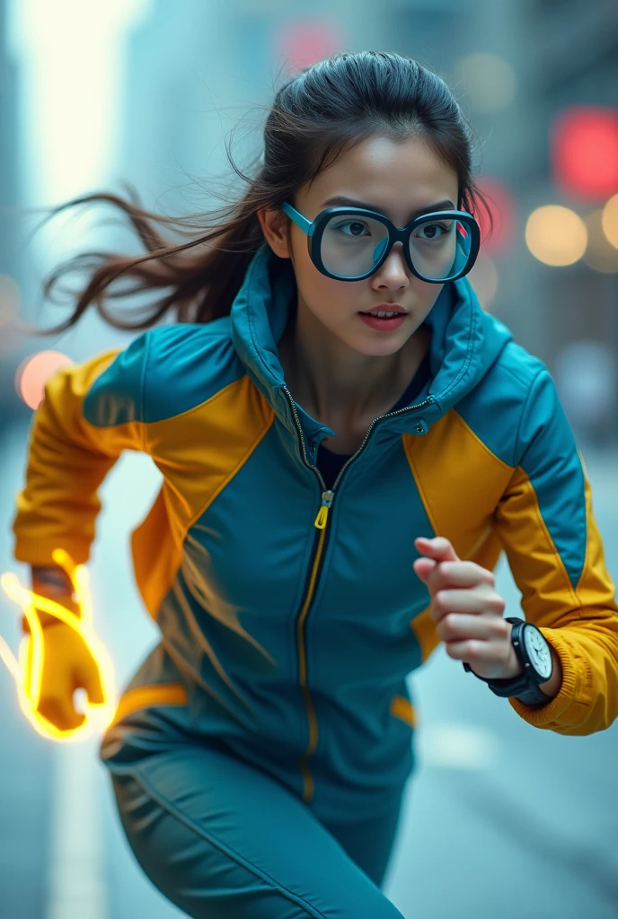 Chinese women average  wear jumpasuit high tech(( blue yellow)). Running effect. Glowing yellow power. Runfast effect. Wear blue big glasses big frame.running speed of light. running athlete. Braces teeth. Bokeh background. Panning effect. Yellow high tech watch. a beautiful young chinese women, , wearing a high-tech blue and yellow loose jumpsuit, photorealistic, detailed facial features, long hair, elegant pose, dynamic lighting, 8k, award-winning digital art, intricate details, vibrant colors, cinematic composition. very fasr run, highly detailed. light trail effect. speed of light. froze time effect. at the city.
