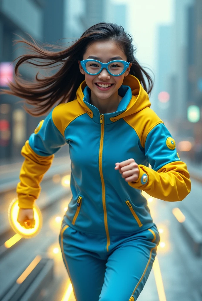 Chinese women average  wear jumpasuit high tech(( blue yellow)). Running effect. Glowing yellow power. Runfast effect. Wear blue big glasses big frame.running speed of light. running athlete. Braces teeth. Bokeh background. Panning effect. Yellow high tech watch. a beautiful young chinese women, , wearing a high-tech blue and yellow loose jumpsuit, photorealistic, detailed facial features, long hair, elegant pose, dynamic lighting, 8k, award-winning digital art, intricate details, vibrant colors, cinematic composition. very fasr run, highly detailed. light trail effect. speed of light. froze time effect. at the city.
