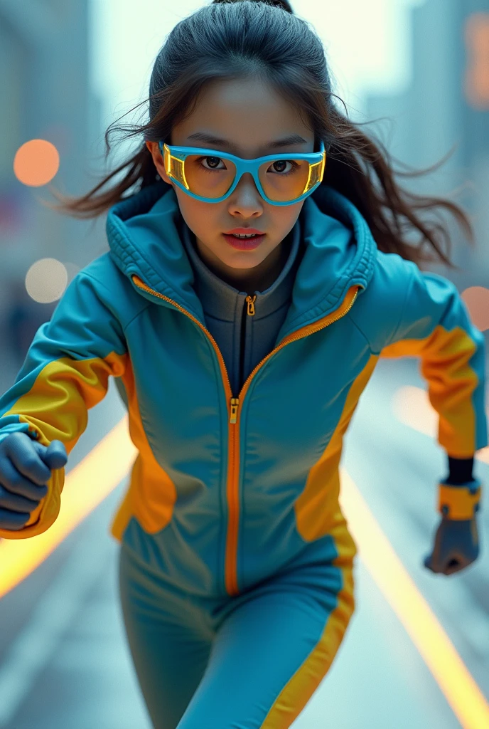 Chinese women average age 15 year old wear jumpasuit high tech(( blue yellow)). Running effect. Glowing yellow power. Runfast effect. Wear blue big glasses big frame.running speed of light. running athlete. Braces teeth. Bokeh background. Panning effect. Yellow high tech watch. a beautiful young chinese women, , wearing a high-tech blue and yellow loose jumpsuit, photorealistic, detailed facial features, long hair, elegant pose, dynamic lighting, 8k, award-winning digital art, intricate details, vibrant colors, cinematic composition. very fasr run, highly detailed. light trail effect. speed of light. froze time effect. at the city.