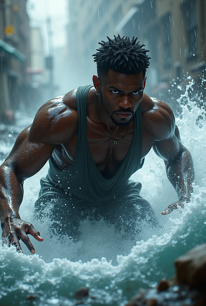 A blue-eyed black male  caught in a flood