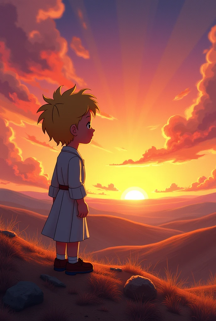 Create a theater poster for the play The Little Prince where you can see the little prince watching the sunset in a very tender way.