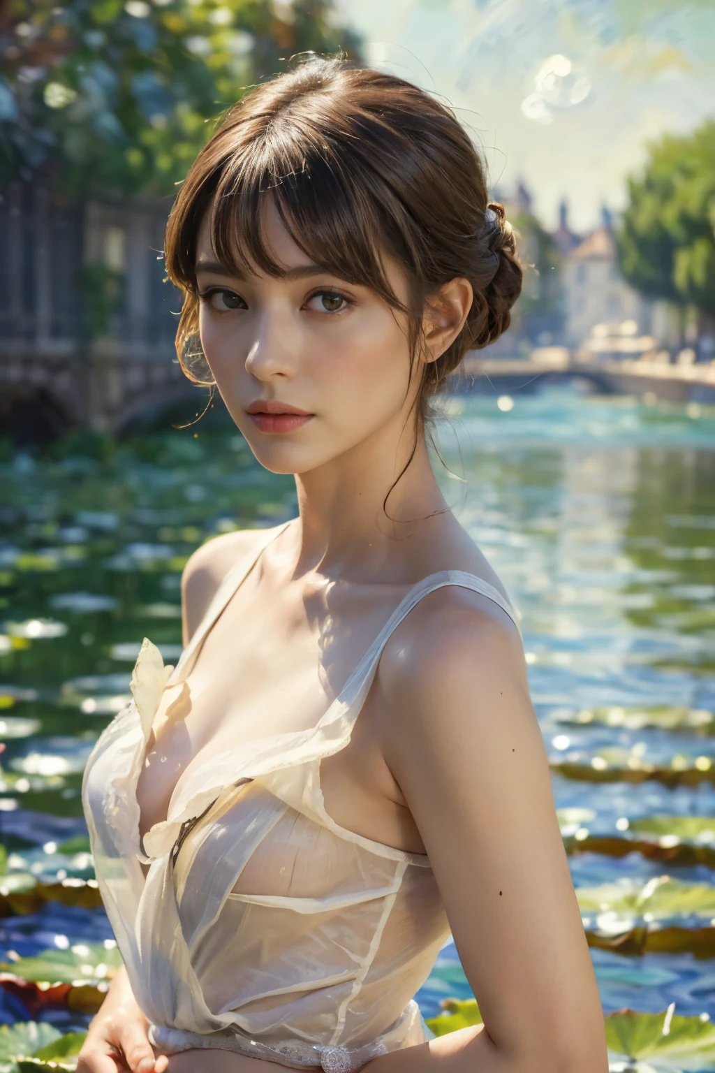 ((masterpiece:1.4, Highest quality)), (Realistic photos:1.4),
((1 person)), (Otherworldly beauty), (dream-like),
(超High resolution:1.2), Very delicate and beautiful, wonderful, Very detailed CG Unity 8k wall paper, Very detailed, High resolution,
Soft Light, Beautiful detailed, Very detailed eyes and face, Beautiful and detailed nose, Beautiful and detailed,
(Portrait of a chic Parisian woman from the late 19th century:1.3), (Get on a small boat), (night), (Monet's Lotus Pond),
Cinema Lighting, Perfect Anatomy, Slender body, (Parted bangs),
(The world of impressionist painting:1.5), (Impressionist light and colour), (「water lily」),
Cowboy Shot