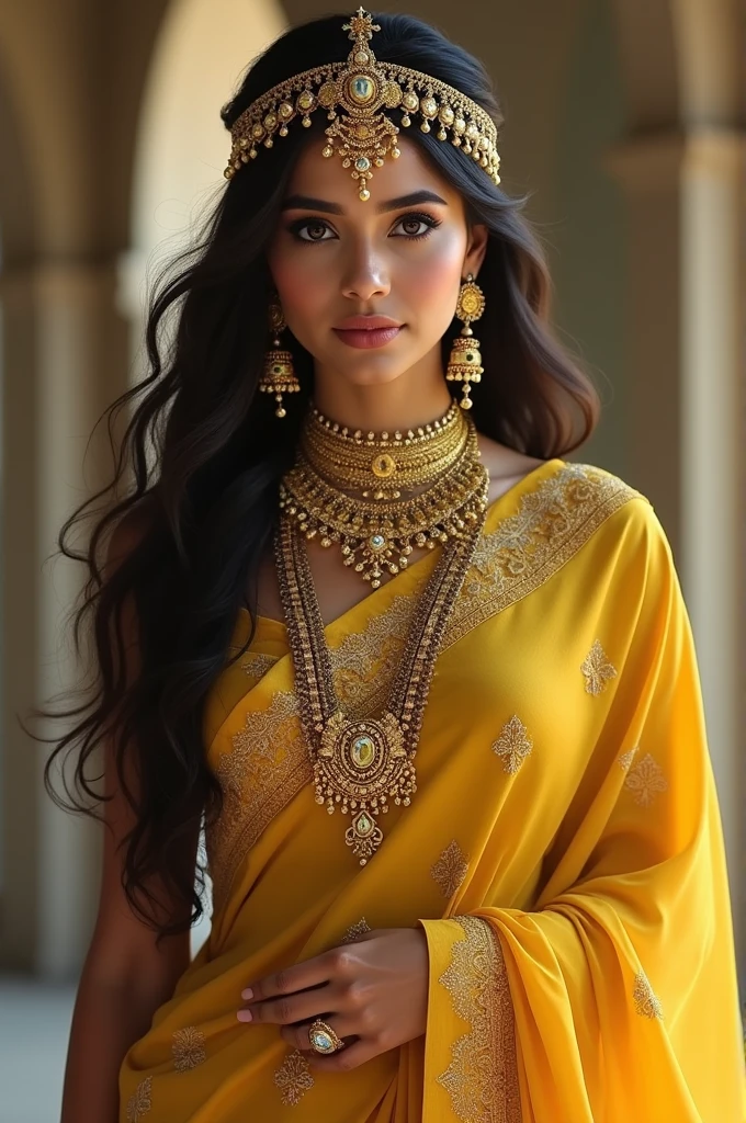 4K, UHD, masterpeice, indian girl, romantic face, detailed eyes, detailed lips, very long hair, straight hair, very long hair, beautiful hair, hair ornaments, hairband, gradient hair, ((yellow red tanktop)), ((bridal lehenga)), ((decorated blouse)), sardine, (( lehenga)), ((lace)), ornaments, necklace, earring, high lighting, ((bare stomach)), wedding stage, fujicolor, depth of field, ray tracing, ultra realistic detail,