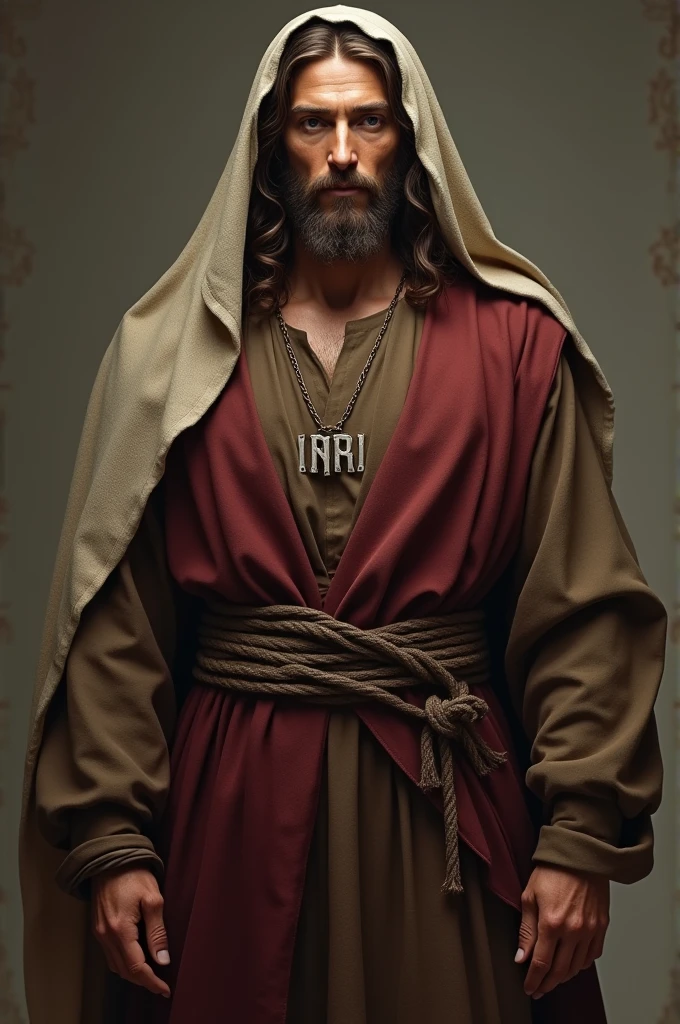 Create a realistic, full-body image of Jesus wearing a rustic dark brown tunic with collar details, a burgundy vest-style robe with sleeves, a rope tied around his waist, and a veil draped over his head and wrapped around his head. on the neck, in white.