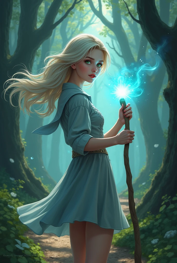 A path illuminated in an enchanted forest, close-up. A full-body medium shot of a young 20-year-old sorceress with light hair, green eyes, full red lips, and a short gray and light blue dress, holding a glowing magic staff. In the background, mysterious trees and soft lights filtering through the branches. The atmosphere is magical and mysterious. Realistic style. Full-body shot