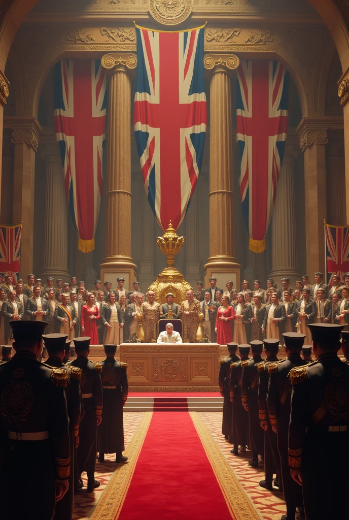 British Crown Taking Control in 1858:** A grand official ceremony where British officials, under the Union Jack flag, formally take control of India from the East India Company, with a mix of Indian nobility and British officers present. . in dalle -3. Style