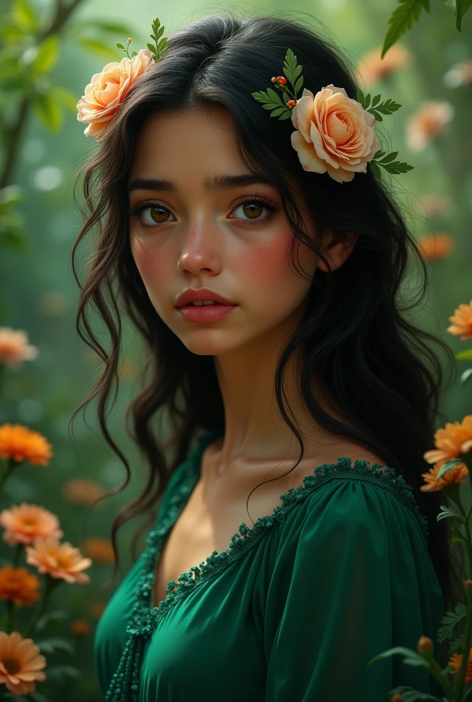 Sad Persian Latina girl, flowers her had, brown eyes, Green dress long, in garden