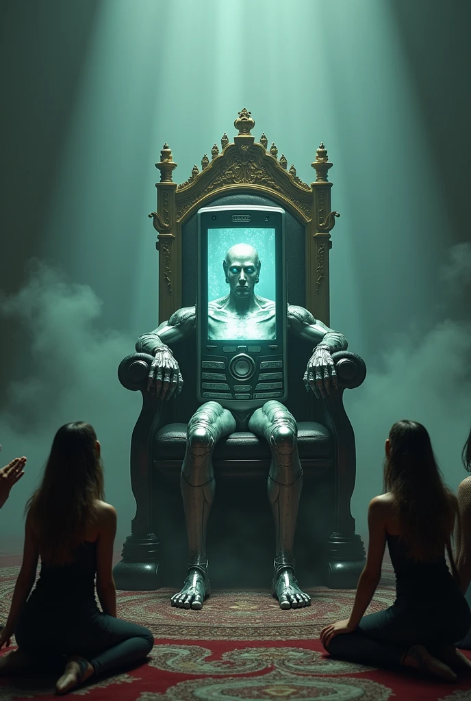 A cell phone with hands and feet on a throne and people kneeling around it