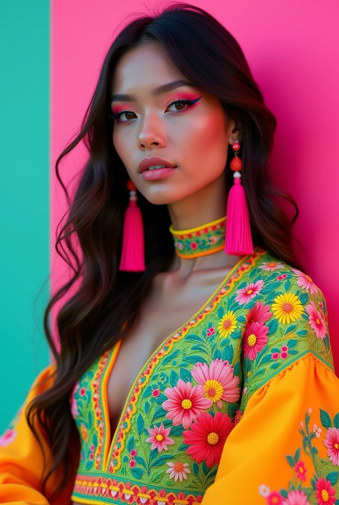 {Outfit Details:} A vibrant, neon-colored ensemble featuring a detailed embroidered top with intricate floral and bird motifs in bright greens, pinks, and yellows. The top is paired with matching accessories, including tassel earrings and a neon pink choker that complements the outfit’s bold aesthetic. The look is completed with over-ear headphones in a matching neon pink, blending traditional patterns with a modern, tech-inspired twist.
{Model Details:} A human model with long, flowing hair and striking makeup, featuring bold neon eyeshadow that complements the vibrant colors of the outfit.
{Background:} The model is posed against a clean, minimalist backdrop in a neutral color, allowing the bright colors and intricate details of the outfit to stand out.
{Image Type:} Photorealistic fashion portrait.
{Art Style:} Hyper-realistic with an emphasis on the vibrant colors and fine details of the embroidery.
{Camera Details:} Close-up portrait shot, capturing the upper body and focusing on the intricate details of the outfit and accessories.
{Lighting:} Soft, diffused lighting that enhances the neon colors and creates a gentle glow around the model, ensuring a vibrant yet balanced composition.
{Resolution and Lighting Keywords:} Ultra-high resolution, HDR, vibrant colors, soft ambient light, detailed textures.