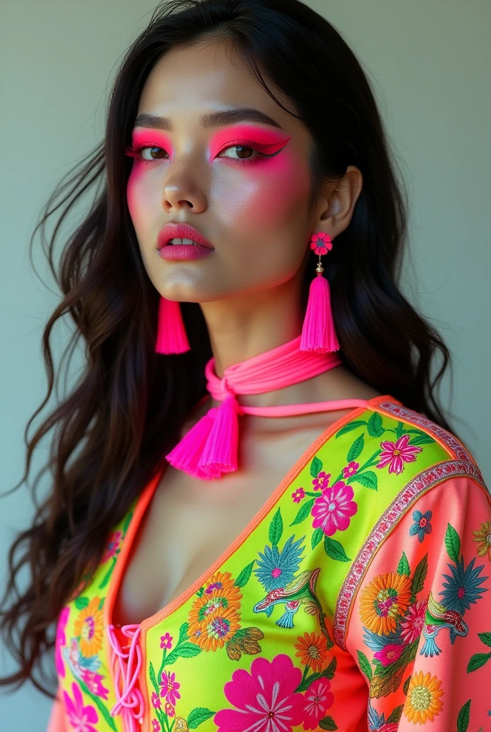 {Outfit Details:} A vibrant, neon-colored ensemble featuring a detailed embroidered top with intricate floral and bird motifs in bright greens, pinks, and yellows. The top is paired with matching accessories, including tassel earrings and a neon pink choker that complements the outfit’s bold aesthetic. The look is completed with over-ear headphones in a matching neon pink, blending traditional patterns with a modern, tech-inspired twist.
{Model Details:} A human model with long, flowing hair and striking makeup, featuring bold neon eyeshadow that complements the vibrant colors of the outfit.
{Background:} The model is posed against a clean, minimalist backdrop in a neutral color, allowing the bright colors and intricate details of the outfit to stand out.
{Image Type:} Photorealistic fashion portrait.
{Art Style:} Hyper-realistic with an emphasis on the vibrant colors and fine details of the embroidery.
{Camera Details:} Close-up portrait shot, capturing the upper body and focusing on the intricate details of the outfit and accessories.
{Lighting:} Soft, diffused lighting that enhances the neon colors and creates a gentle glow around the model, ensuring a vibrant yet balanced composition.
{Resolution and Lighting Keywords:} Ultra-high resolution, HDR, vibrant colors, soft ambient light, detailed textures.