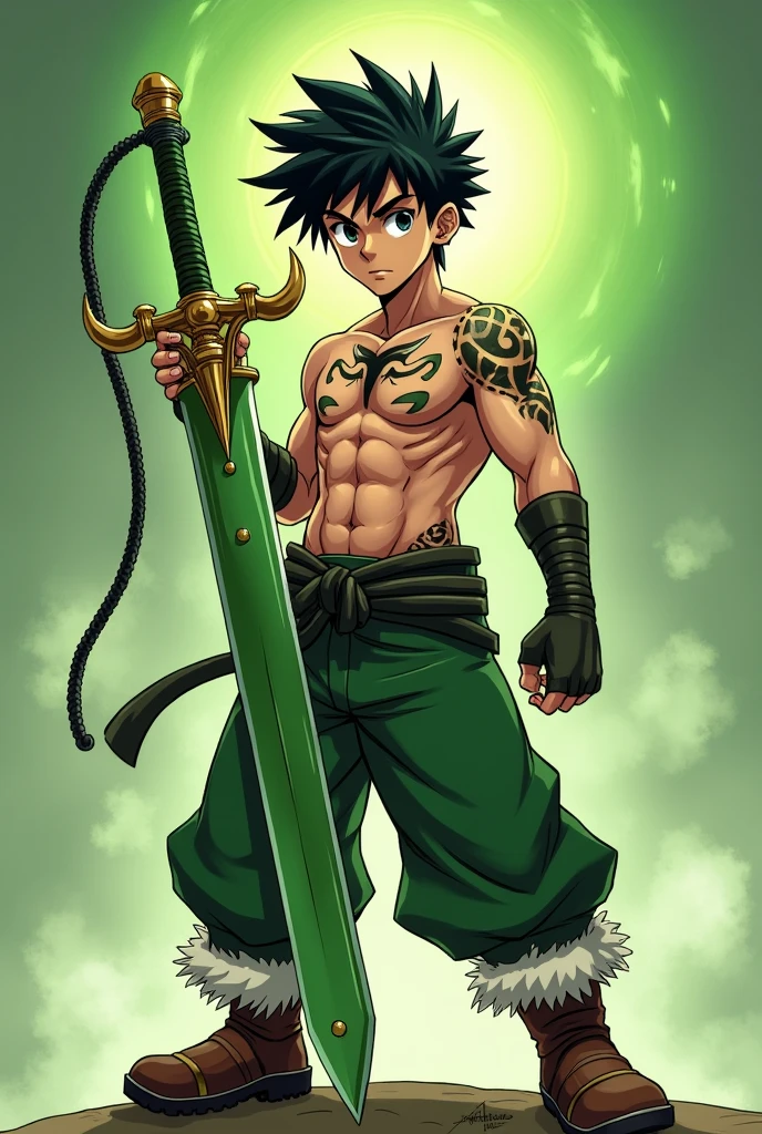 A muscular young warrior, with anime features/mango. He has a serious and determined expression, with big, striking eyes. Her hair is short and spiky, black in color, and he has a tattoo on his left chest, with a tribal style bull symbol. The character wears green pants tied at the waist with a black belt and brown boots with white fur details on the top.. Next to you, there is a sword with a long, straight blade, green in color with gold details, and a black cable.
The sword has details like a bull's horns, symbolizing the bull archetype he has tattooed on his chest, eyes black, hair spiking up, slightly tilted back. Green aura of Taurus