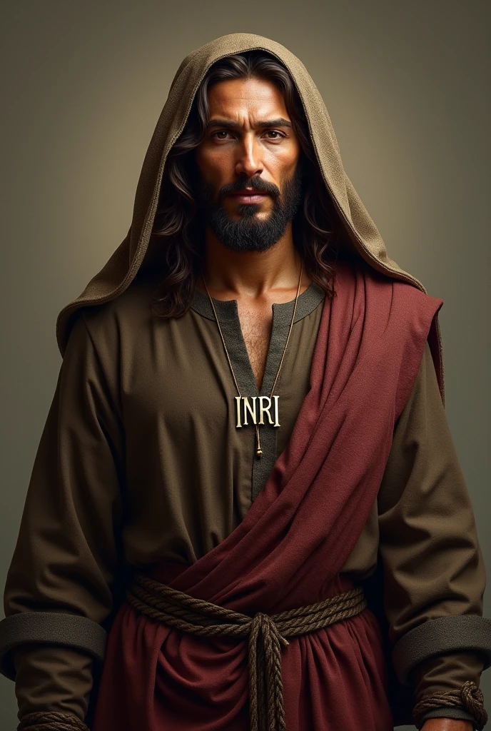 Create a realistic, full-body image of Jesus wearing a rustic dark brown tunic with collar details, a burgundy vest-style robe with sleeves, a rope tied around his waist, and a veil draped over his head and wrapped around his head. on the neck, in white.