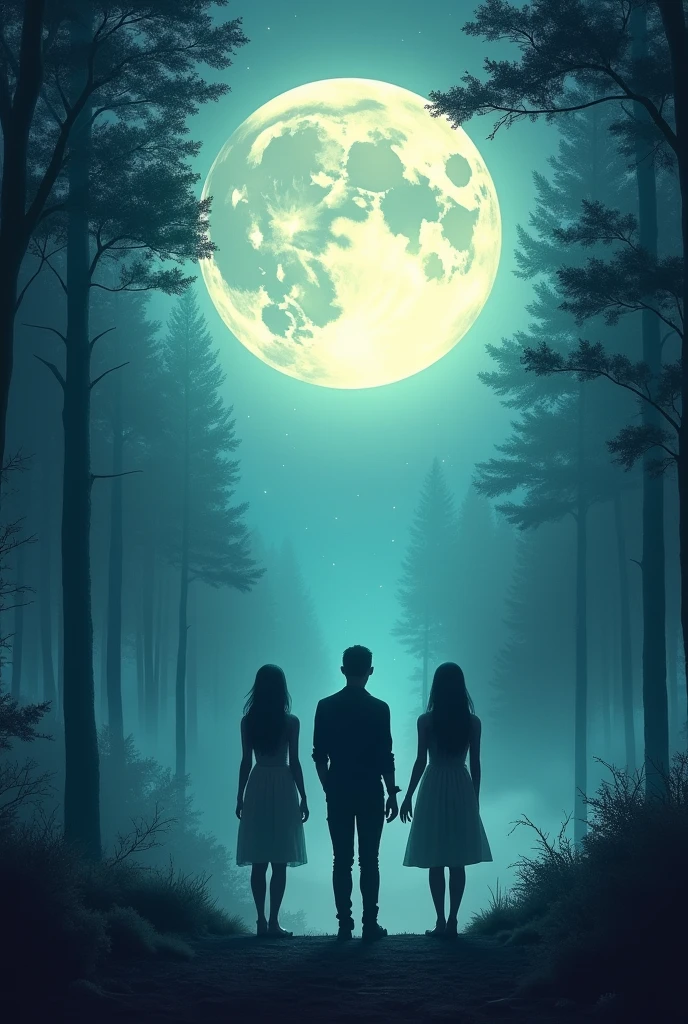 Create me an image of 3 people standing under the full moon and a forest in the background