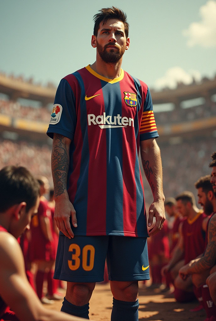 Messi as king of roman empire wearing Barcelona Jersey with madrid players bowing down to him with no background