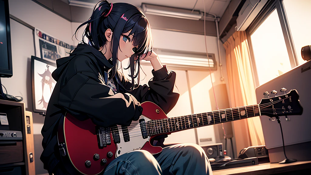 Image of a anime style playing an electric guitar sitting on a chair, profile position, in her room, punk style clothes, youthful wide pants