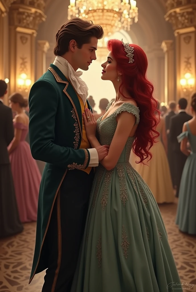 Prince Eric and Ariel in Bridgerton outfits. Ariel with brown hair 