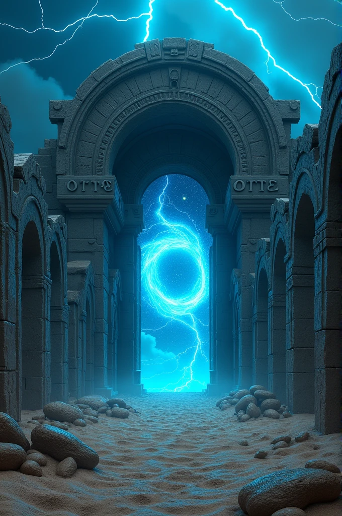 a field of stone arched doors with stone writing that says " OTDTE " on the top of the door with a blue swirling portal at the entrance in a lightning lit desert at night