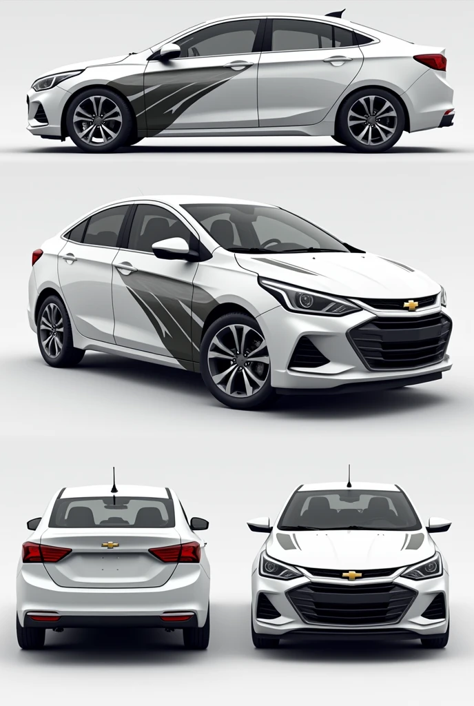"Create a custom car wrap design for a white Chevrolet Sail mod 2018 sedan. The design should feature sleek, vectorized wings that extend from the front fenders to the rear, giving the car a dynamic, aerodynamic look. The wings should have a modern, geometric style with sharp lines and gradients that evoke motion and speed. Incorporate subtle metallic accents to highlight the contours of the car, while ensuring the overall design complements the white base color."