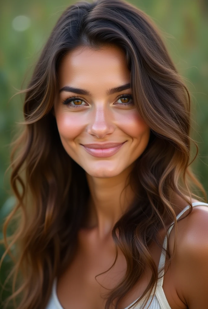 Brune, long hair, Brown eyes, naturel, Belle, wavy hair, smiling
