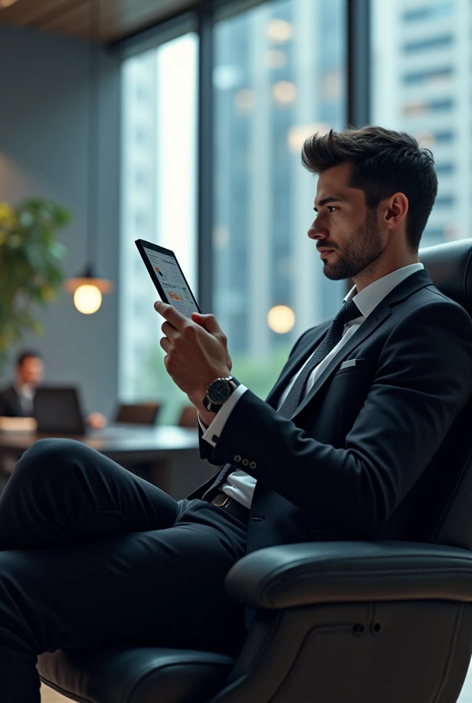 An important young man thinking sitting office chair with a tablet on his hand