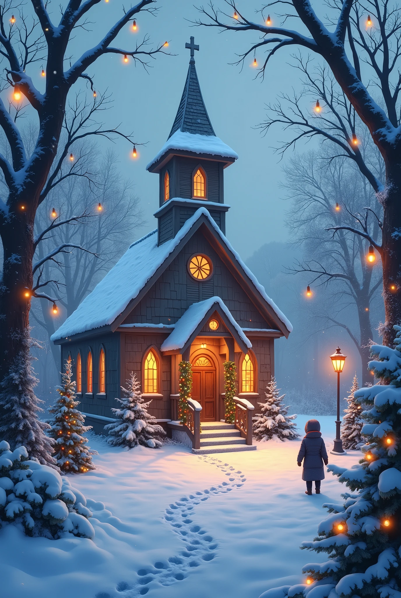 Create a serene winter landscape with gently falling snowflakes blanketing the ground. In the center of the scene, depict a charming, old-fashioned church adorned with festive Christmas decorations. The church should have glowing windows, a warmly lit interior visible through the glass, and wreaths and garlands decorating its façade. Surround the church with snow-covered trees and twinkling Christmas lights, creating a cozy and magical holiday atmosphere. Add subtle details like footprints in the snow and a few people bundled up in winter attire to bring the scene to life