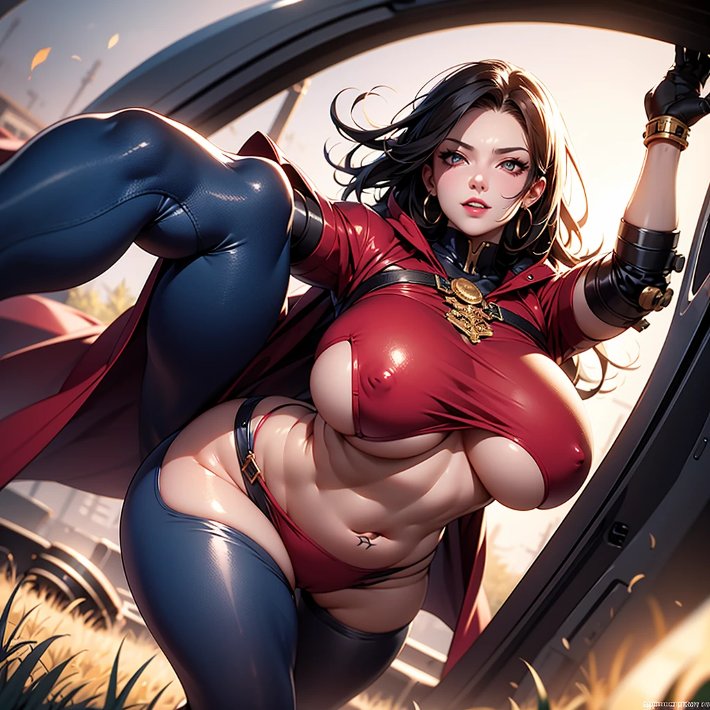 ((best quality)), (detailed), 1 women big pornstar heavy knight armor, 8k_wallpaper, extremely detailed eyes, (large masterpiece digital art), (intricate details:1.3 ), (ultra-detailed:1.3), (sharp focus:1.3), (natural lighting:1.05), (vivid colors:1.3), (best quality:1.4), expressive eyes, full body, detailed face, beautiful face, perfect face, ((hair black curls)), ((tattoo yakuza)), (gold eyes), {{dark skin}}, ({dark skinned female}), (big breasts), huge chest, big wide ass, powerful relief muscles of the abdomen and legs, powerful strong muscles of the arms, belly piercing with blue emeralds, cruel predatory and cold-blooded arrogant look and smile, an open red coat with rolled up sleeves, a translucent blue crop top very clear outlines of huge pointed nipples with large piercings under the fabric, steel combat pauldrons, steel bracers and leather gloves, leather shorts under which I can see the clear outlines of a big vagina, she sits behind the wheel and drives an SUV through a purple wheat field against the backdrop of a blue forest and a red sun, in the style of cyberpunk and post-apocalypse,