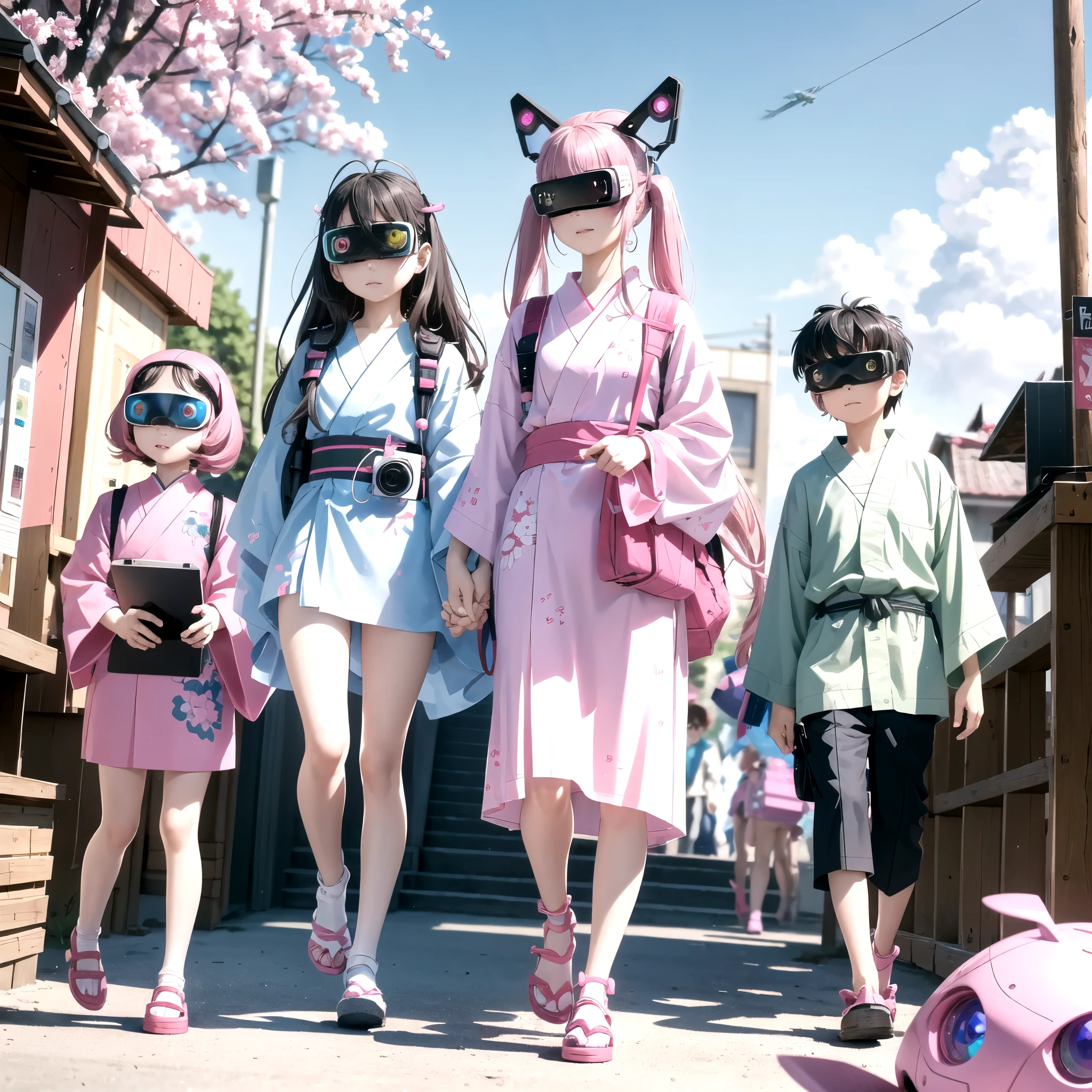Pink haired elementary school student、Sister and Brother、vr goggles、Aurora、humanoid robot、Summer vacation、homework、hot summer、Drone in the sky、firework、future、2050、The World of Afuture、cyber-、robot dog、robot bird、Cicada Robot、yukata