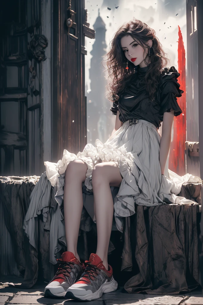 (Sci-Fi Fantasy), (masterpiece), (Professional Oil Painting) (Highest quality), (8k resolution), (1 Beautiful), ((Pale grey skin)), (Iron grey skin), ((Black ruffled clothes)),(Gothicta), ((Red lipstick)), ((Black sneakers)), (Conceptual Art), (Wide range), (Messy Hair), (In white), (Iron White), ((Moonlight at night)), (Sit down and think))