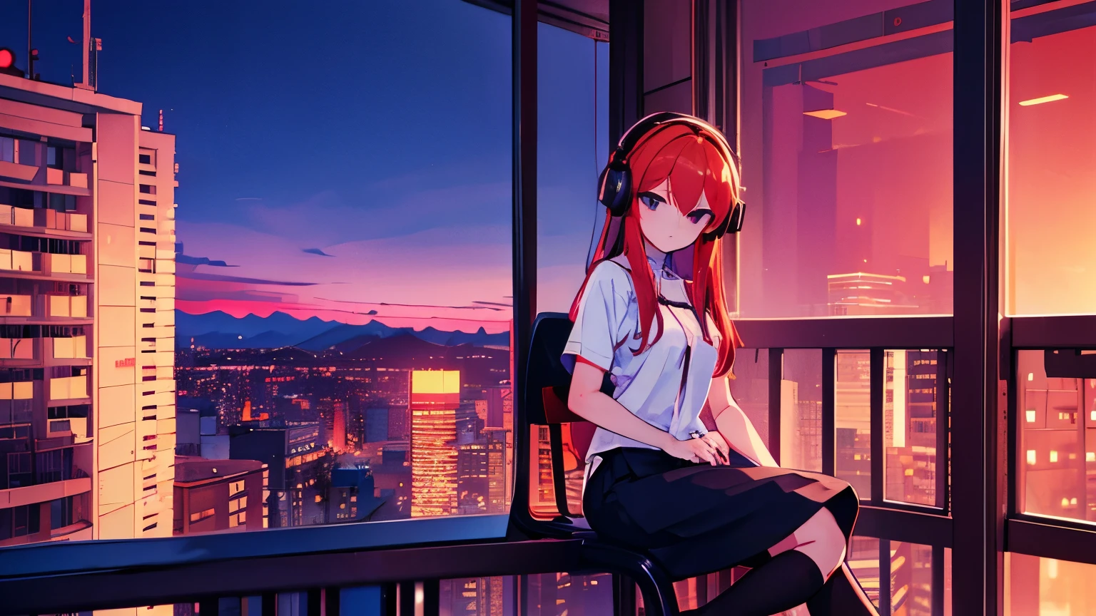 A young adult lofi redhead, with headphones, sitting on the chair on the balcony of her apartment, watching the city at night, 3D HD anime style by Lexica