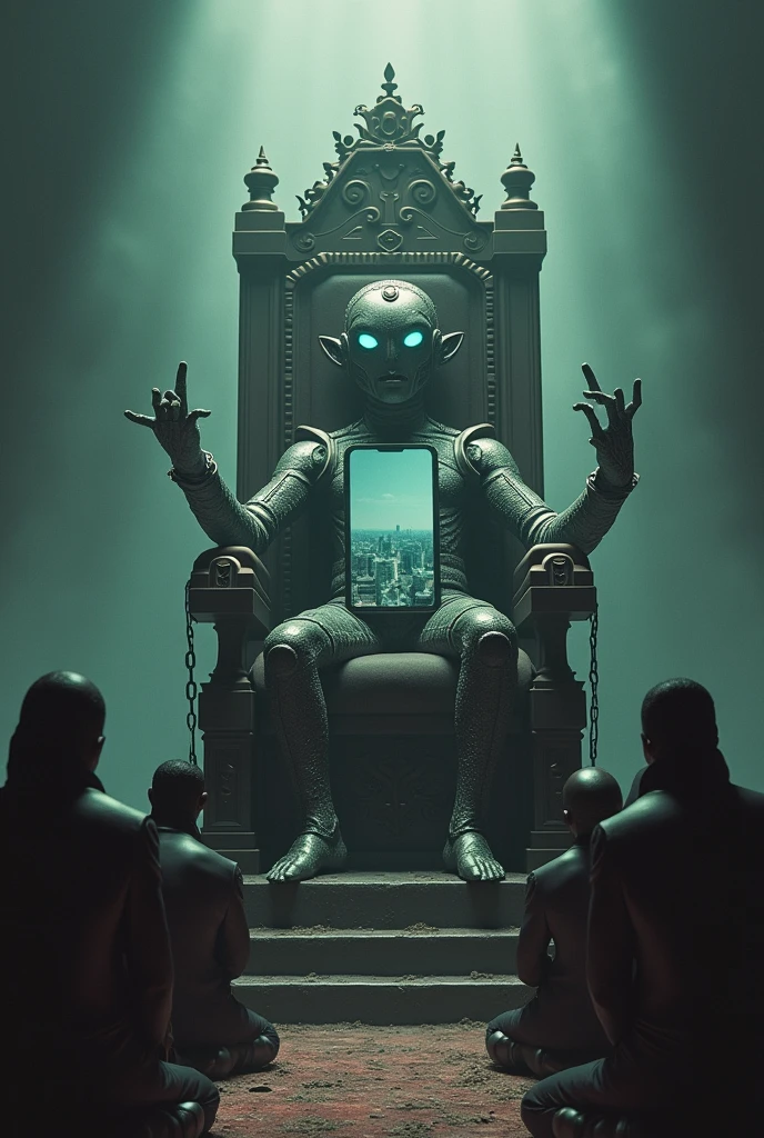 A cell phone with hands and feet on a throne and people kneeling around it