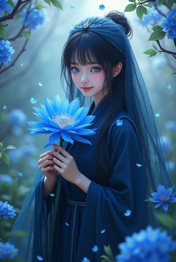 A girl wearing a black robe and a blue veil. Both of his eyes have different colors, one is black and one is blue. Holding a blue spider lily flower, looking at the flowers with a warm smile. There are cherry blossoms around it, Blue Hydrangea, and forget-me-not flowers. Be in a cool place, calm, and peace.