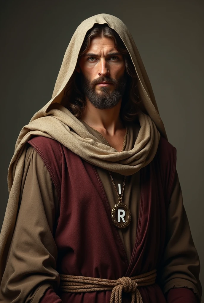 Create a realistic, full-body image of Jesus wearing a rustic dark brown tunic with collar details, a burgundy vest-style robe with sleeves, a rope tied around his waist, and a veil draped over his head and wrapped around his head. on the neck, in white.
