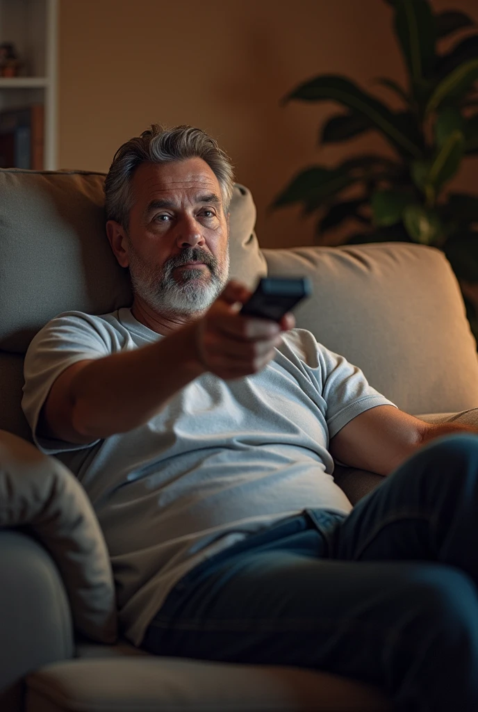 Man sitting on the couch with a remote in his hand pointing at the camera